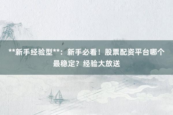**新手经验型**：新手必看！股票配资平台哪个最稳定？经验大放送